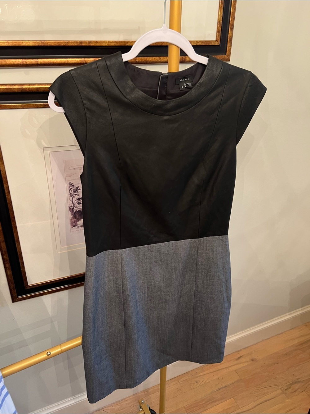 Theory Leather-Top Colorblock Sheath Dress - Black and Gray